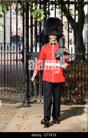 Guard steht außerhalb seines Jahrhunderts außerhalb der königlichen Residenz Clarence House Stockfoto