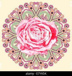 ornamentale Kreismuster mit Aquarell rose Stockfoto