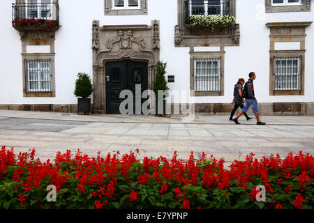 Fassade des Herrenhauses Casa de Carreira, rosa Salbei Blumen im Vordergrund, Viana do Castelo, Nord-Portugal Stockfoto