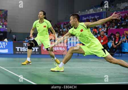 Incheon, Südkorea. 27. Sep, 2014. Zhang Nan (R) und Zhao Yunlei China konkurrieren im Mixed-Doppel Viertelfinale Spiel Badminton gegen Chen Hung-Ling und Cheng Wen Hsing der Chinese Taipei bei den 17. Asian Games in Incheon, Südkorea, 27. September 2014. China gewann 2: 0. © Ihr Pingfan/Xinhua/Alamy Live-Nachrichten Stockfoto