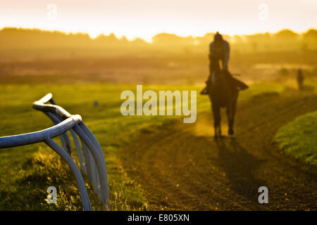 West Witton, Yorkshire. 27. September 2014. UK Wetter. Am frühen Morgen die Sonne über Middleham all-Wetter Galopps als jockeys Ausbildung Fahrt über den North Yorkshire Moors. Stockfoto