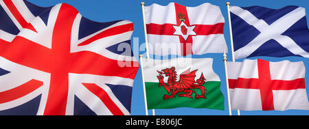 Flaggen der United Kingdom of Great Britain - England, Schottland, Wales, Nordirland und Anschluß-Markierungsfahne. Stockfoto