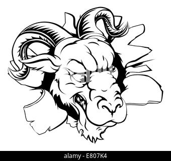 Ein Mittel suchen Ram tierische Maskottchen eine Wand durchbrechen Stockfoto