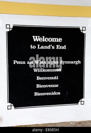 Willkommen Sie bei Lands End Zeichen Cornwall England uk Stockfoto