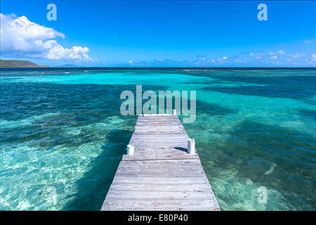 Rustikale Holz-Dock erstreckt sich in klaren seichten Lagune am Strand von Playa Larga auf karibische Insel Isla Culebra in Puerto Rico Stockfoto
