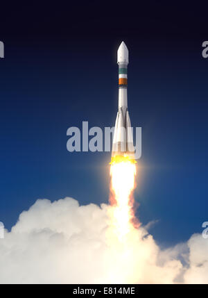 Träger-Rakete Sojus-Fregat nimmt ab. 3D Szene. Stockfoto