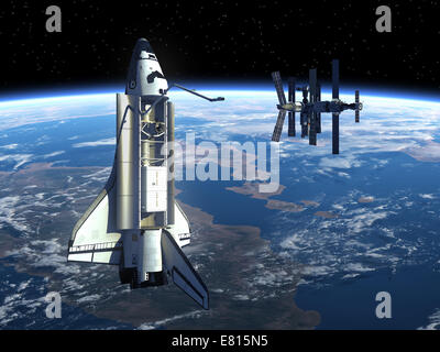 Raumstation ISS und Space Shuttle. 3D Szene. Stockfoto