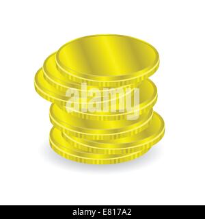 Bunte Illustrationen mit Goldmünzen auf weißem Hintergrund Stockfoto