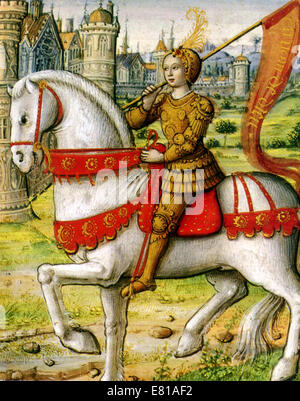 Joan of Arc dargestellt auf dem Pferderücken in eine Illustration aus einem Manuskript von 1505 Stockfoto