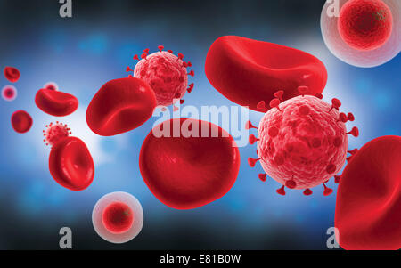 Mikroskopische Ansicht der Blutkörperchen mit Virus. Stockfoto