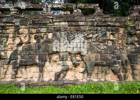 Die Terrasse der Elefanten ist Teil der ummauerten Stadt Angkor Thom, die Terrasse heißt für die Schnitzereien von Elefanten drauf Stockfoto