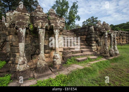 Die Terrasse der Elefanten ist Teil der ummauerten Stadt Angkor Thom, die Terrasse ist für die Schnitzereien von Elefanten benannt. Stockfoto