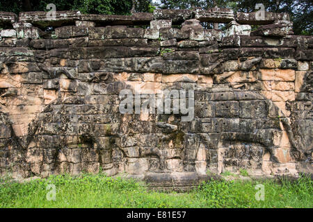 Die Terrasse der Elefanten ist Teil der ummauerten Stadt Angkor Thom, die Terrasse heißt für die Schnitzereien von Elefanten drauf Stockfoto