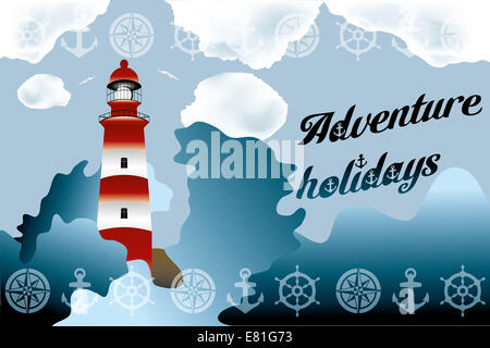 Leuchtturm auf instationären Küste - Abenteuerurlaub Hintergrund illustration Stockfoto