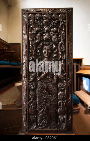 Großbritannien, England, Somerset, Sampford Brett, St.-Georgs-Kirchengemeinde Kirche Florenz Wyndham geschnitzt Pew Ende Stockfoto