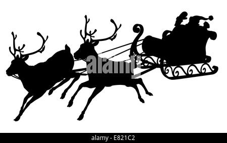 Santa Schlitten Silhouette der Weihnachtsmann in seinem Schlitten und Rentiere winken Stockfoto