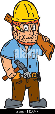 Abbildung eines Bauarbeiters Zimmermann-Generator mit Bleistift am Ohr halten Hammer und Holzbohle auf Schulter auf isolierten weißen Hintergrund im Cartoon-Stil gemacht. Stockfoto