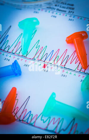 Eppendorf-Röhrchen auf Grafiken zeigen die Ergebnisse der Sequenzierung der DNA (Desoxyribonukleinsäure). Stockfoto