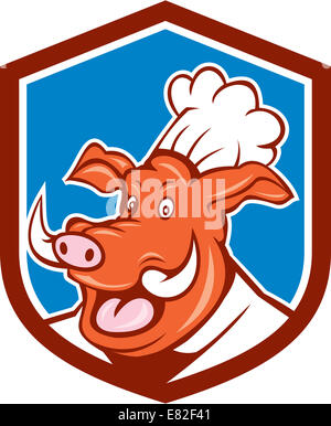 Abbildung von einem Wildschwein Keiler Koch Kochen Head-Set im Inneren Schild Wappen auf isolierte Hintergrund getan im Cartoon-Stil. Stockfoto