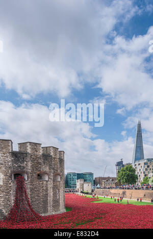 Blut Mehrfrequenzdarstellung Länder und Meere rot - die Installation von Keramik Mohnblumen in den Tower of London Stockfoto
