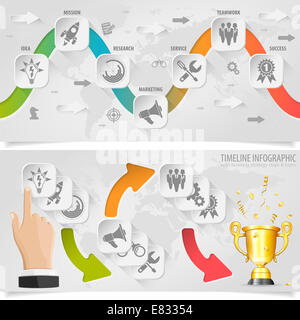 Business Timeline Infografik mit Papier Buttons, Icons, Hand und mit Gold ausgezeichnet. Vorlage Stockfoto