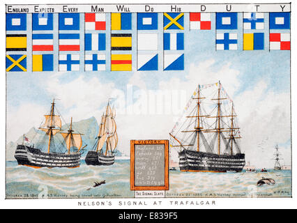 Lithographie von Nelsons Signal bei Trafalgar. England erwartet, dass jeder Mann seine Pflicht zu tun Stockfoto