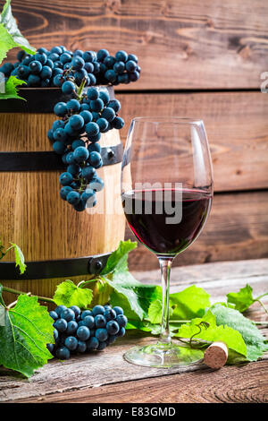 Rote Trauben und einem Glas Rotwein Stockfoto