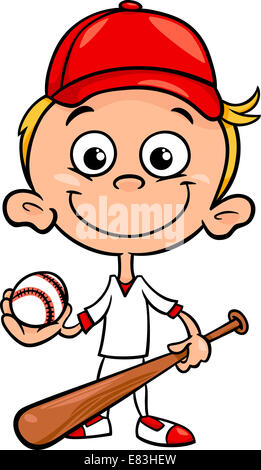 Cartoon-Illustration der lustige junge Baseballspieler mit Schläger und Ball Stockfoto