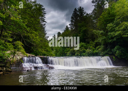 Dunkle Wolken über Hooker fällt auf dem Flüsschen im Dupont State Forest, North Carolina. Stockfoto