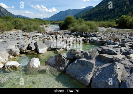 Obere Isar River, im Sediment Barriere, Naturschutzgebiet, Isartal, Tölzer Land, Upper Bavaria, Bavaria, Germany Stockfoto