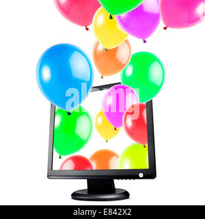bunte Luftballons, vom Monitor, isoliert auf weiss Stockfoto