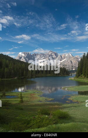 Lago di Misurina / Misurina See, mit marginalen Fen, Blick in Richtung des Sorapis Gruppe, Dolomiten, Italiens Stockfoto