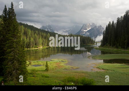 Lago di Misurina / Misurina See, mit marginalen Fen, Blick in Richtung der Sorapis Gruppe, Abendlicht; Dolomiten, Italien Stockfoto