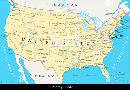 Politische Karte der Vereinigten Staaten von Amerika Stockfoto