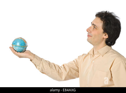 Eine isolierte Foto ein lächelnder Mann mit einem Globus Stockfoto
