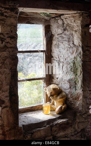 Fadenscheinig One Eyed Teddybär auf einem alten Fensterbrett betrachten einen Topf Honig Stockfoto