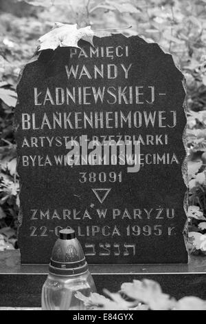 Grabstein auf dem Neuen Jüdischen Friedhof in Kazimierz, Krakau, Polen im September in Infrarot-Schwarzweiß-Schwarzweiß-Schwarzweiß-Schwarzweiß-Stimmung Stockfoto