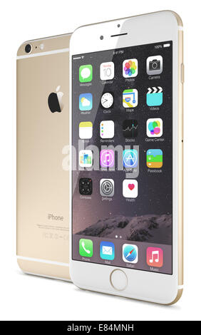 Gold Apple iPhone 6 Plus zeigt den Startbildschirm mit iOS 8. Stockfoto