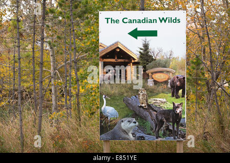 Eintrittsschild mit Pfeil zur Ausstellung der Canadian Wilds im Calgary Zoo, Alberta, Kanada Stockfoto