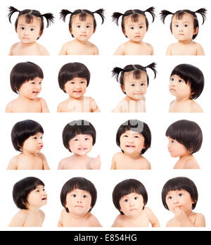 asiatische niedlichen Baby-Mädchen, das verschiedene Gesichtsausdrücke auf weißem Hintergrund Stockfoto