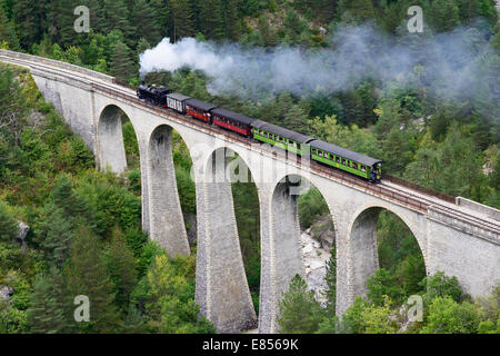 LUFTAUFNAHME. Historische und touristische Dampfeisenbahn auf einem Viadukt. Train des Pignes zwischen Entrevaux und Annot. Alpes-de-Haute-Provence, Frankreich. Stockfoto