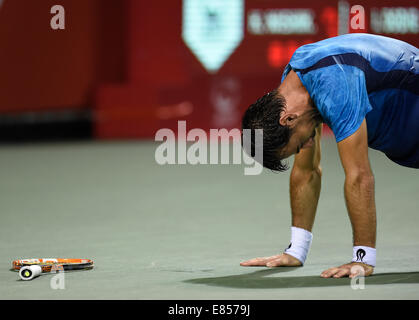 Tokio, Japan. 1. Oktober 2014. Ivan Dodig Kroatiens reagiert während der ersten Vorrundenspiel am Rakuten Japan Open Tennis Championships 2014 gegen Kei Nishikori von Japan in Tokio, Japan, 1. Oktober 2014. Bildnachweis: Stringer/Xinhua/Alamy Live-Nachrichten Stockfoto