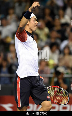 Tokio, Japan. 1. Oktober 2014. Kei Nishikori Japan reagiert während der ersten Vorrundenspiel am Rakuten Japan Open Tennis Championships 2014 gegen Ivan Dodig Kroatiens in Tokio, Japan, 1. Oktober 2014. Bildnachweis: Stringer/Xinhua/Alamy Live-Nachrichten Stockfoto