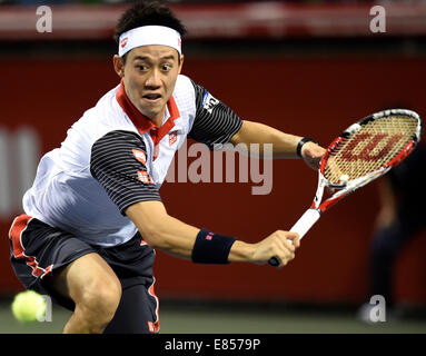 Tokio, Japan. 1. Oktober 2014. Kei Nishikori Japans trifft eine Rückkehr in die ersten Vorrundenspiel am Rakuten Japan Open Tennis Championships 2014 gegen Ivan Dodig Kroatiens in Tokio, Japan, 1. Oktober 2014. Bildnachweis: Stringer/Xinhua/Alamy Live-Nachrichten Stockfoto