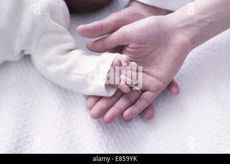 Nahaufnahme von Babys Hand ruht auf Eltern Hände Stockfoto