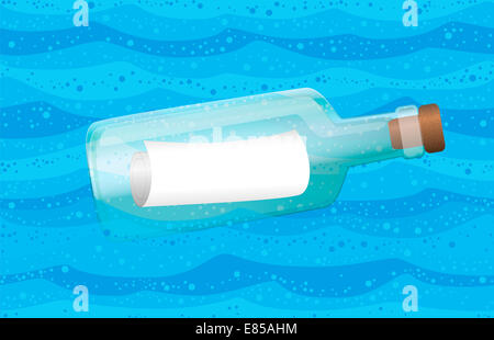 Eine Flaschenpost im blauen Ozeanwasser. Stockfoto