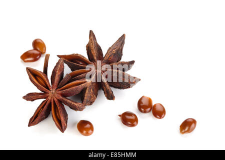 Sterne-Anis und Samen isoliert auf weißem Hintergrund. Stockfoto