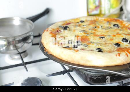 Köstliche Pizza mit Pilzen auf einem Ofen Stockfoto