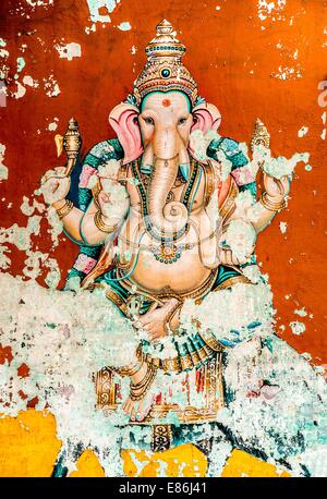 Ganesh antiken Fresko (auch buchstabiert Ganesa und Ganesh), gehört zu den bekanntesten und am häufigsten verehrten Gottheiten im hinduistischen Pantheon. Sein Bild findet sich in ganz Indien und Nepal. Stockfoto