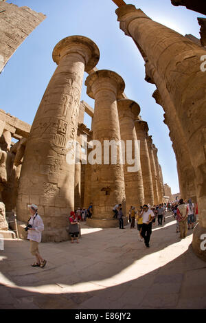 Ägypten, Luxor, Karnak-Tempel, Säulen der großen Säulenhalle, Fisch Auge Weitwinkel Verzerrung Stockfoto